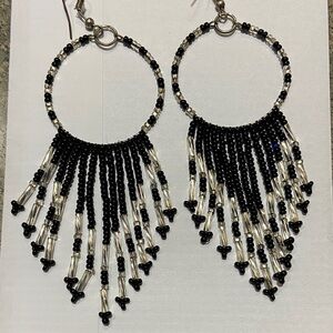 Chic Black and Silver Beaded Hoop Earrings